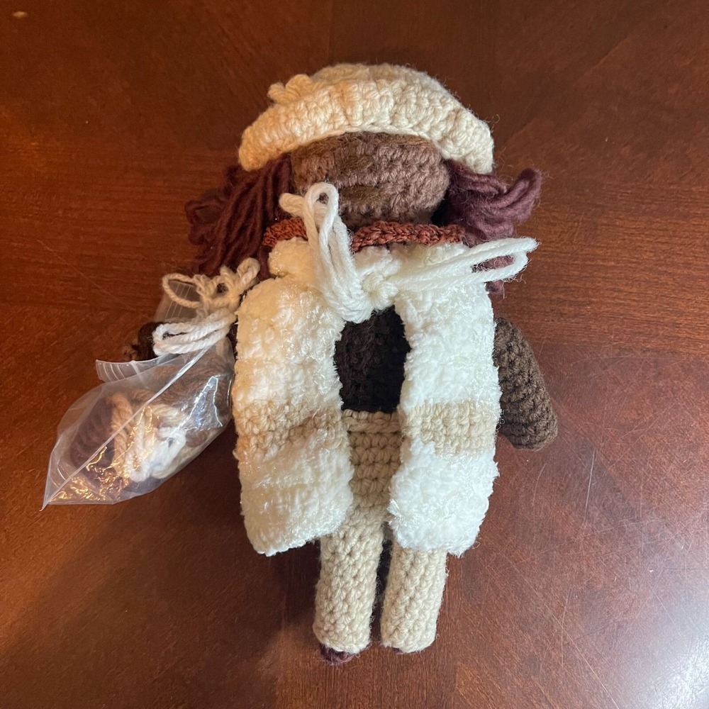 Handmade Crochet Plush‎ Doll With Brown Hair Off-White Outfit